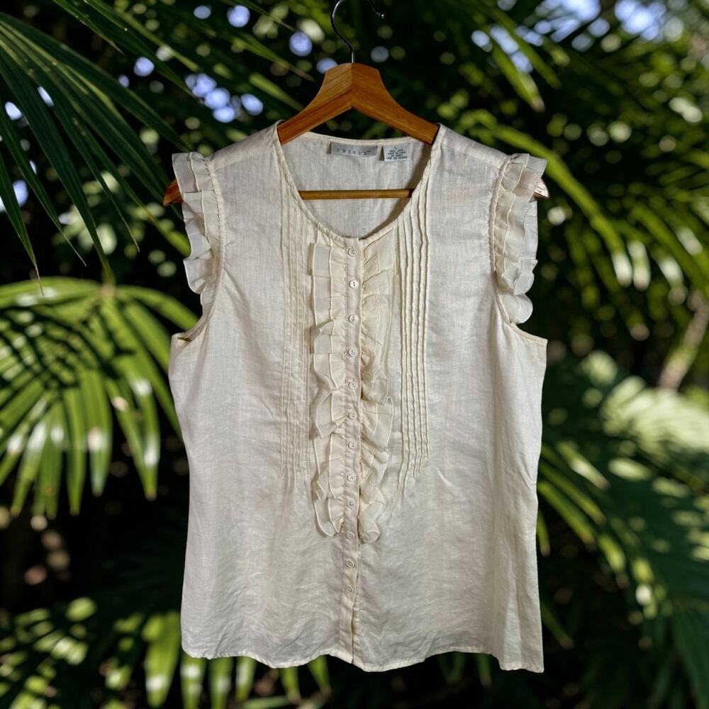Tweeds VTG Women's Large Cream 100% Linen Sleeveless Button Front Blouse Ruffle
